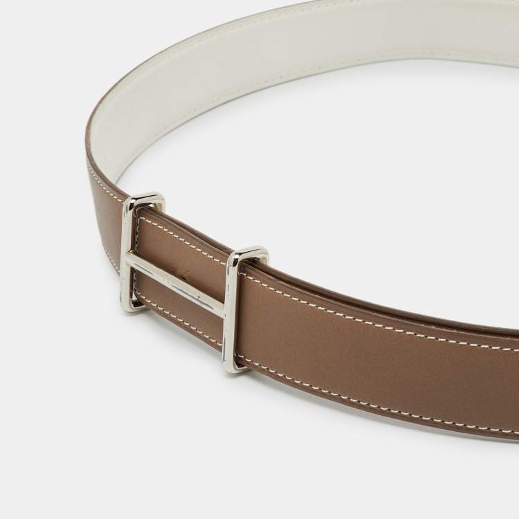 Pre Owned Hermès Etoupe/Blanc Swift Leather Palladium Finish Reversible Idem Belt 95CM