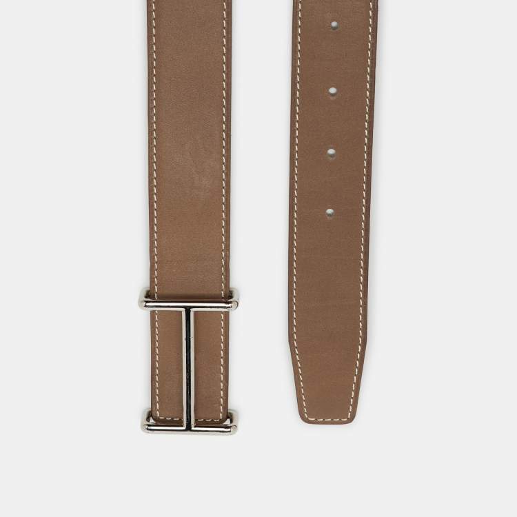 Pre Owned Hermès Etoupe/Blanc Swift Leather Palladium Finish Reversible Idem Belt 95CM