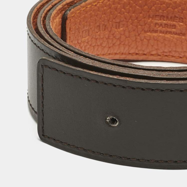 Pre Owned Hermes Orange/Chocolat Togo and Box Leather Reversible Belt Strap 90 CM
