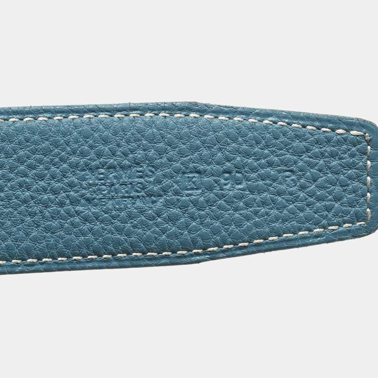 Pre Owned Hermes Bleu Jean/Noir Togo and Box Leather Reversible Belt Strap 90 CM