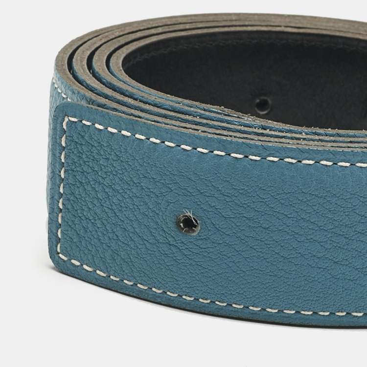 Pre Owned Hermes Bleu Jean/Noir Togo and Box Leather Reversible Belt Strap 90 CM