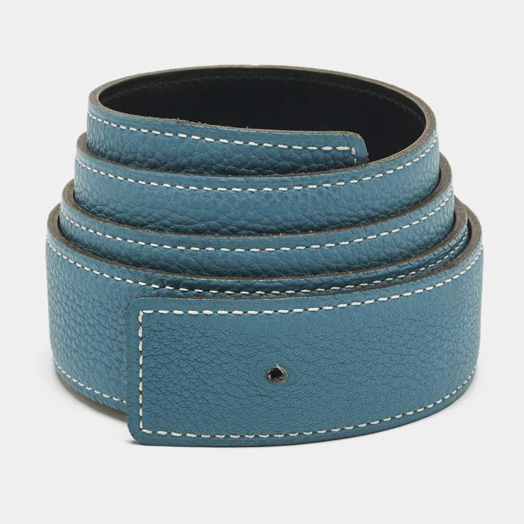 Pre Owned Hermes Bleu Jean/Noir Togo and Box Leather Reversible Belt Strap 90 CM