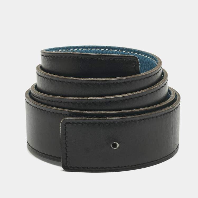 Pre Owned Hermes Bleu Jean/Noir Togo and Box Leather Reversible Belt Strap 90 CM