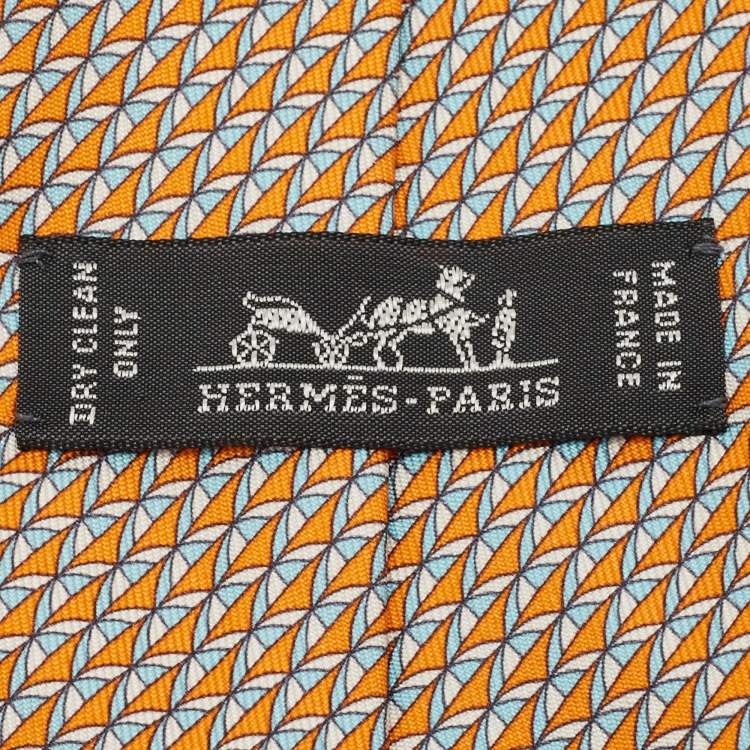 Pre Owned Hermès Orange Geomteric Print Silk Tie