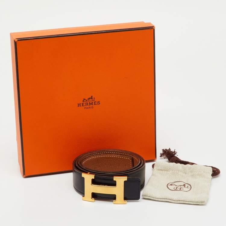 Pre Owned Hermes Black/Gold Box and Togo Leather Reversible H Buckle Belt 90CM