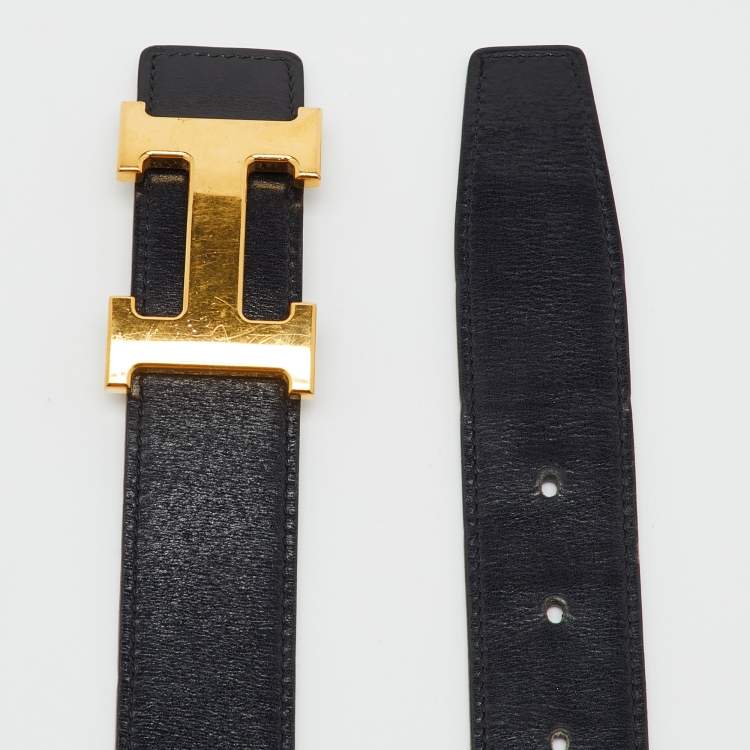 Pre Owned Hermes Black/Gold Box and Togo Leather Reversible H Buckle Belt 90CM