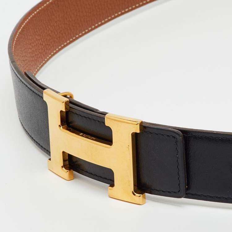 Pre Owned Hermes Black/Gold Box and Togo Leather Reversible H Buckle Belt 90CM