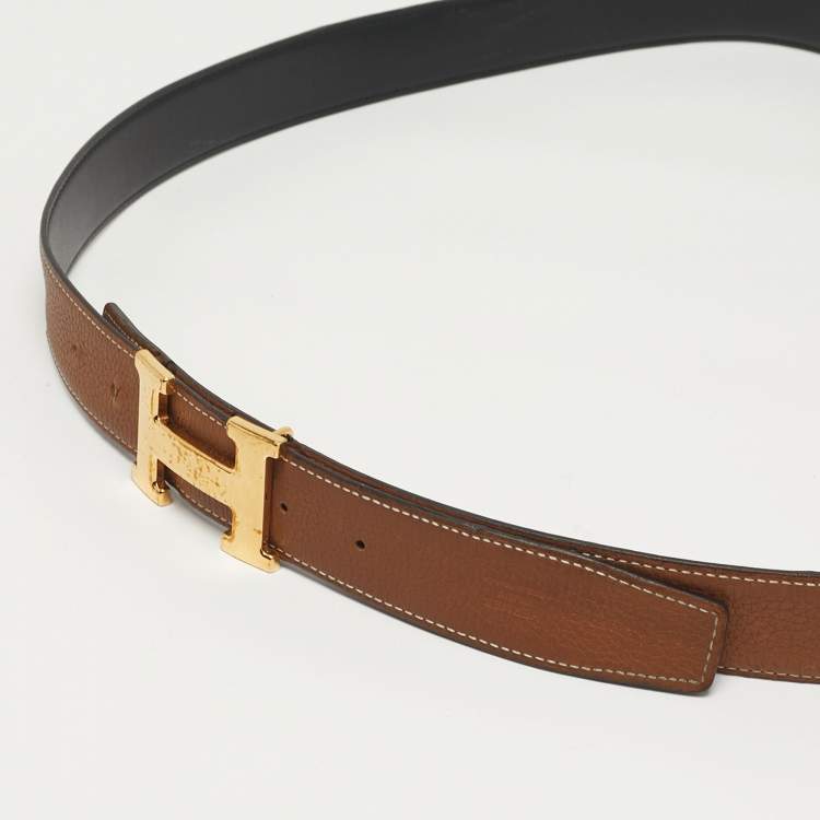 Pre Owned Hermès Hammered Finish Gold H Buckle 110CM Gold/Black Clemence and Box Leather