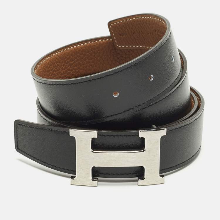 Pre Owned Hermès Brushed H Buckle 105 CM Reversible Belt Noir/Gold Box and Togo Leather