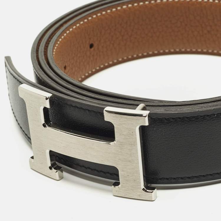 Pre Owned Hermès Brushed H Buckle 105 CM Reversible Belt Noir/Gold Box and Togo Leather