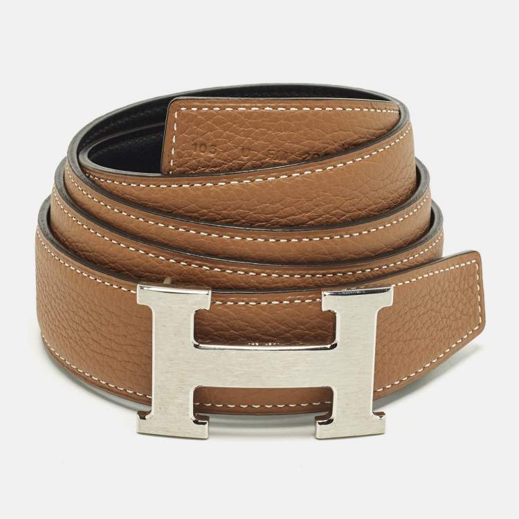 Pre Owned Hermès Brushed H Buckle 105 CM Reversible Belt Noir/Gold Box and Togo Leather