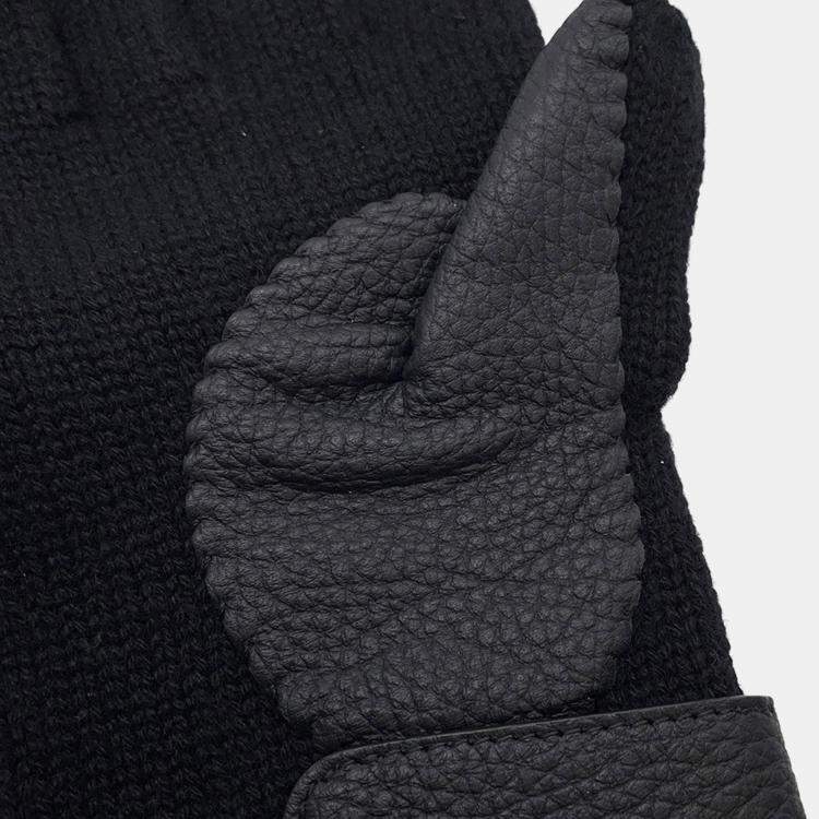 Pre Owned Hermes Lionel Gloves Size M Black Cashmereknit Deer Leather
