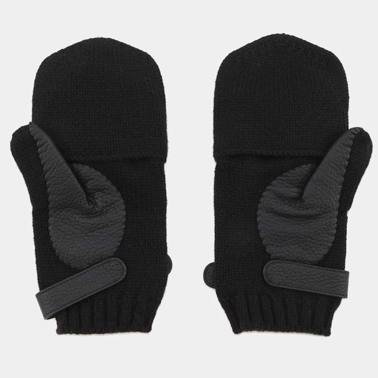 Pre Owned Hermes Lionel Gloves Size M Black Cashmereknit Deer Leather