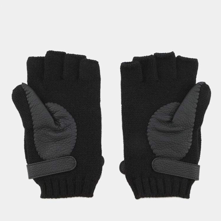 Pre Owned Hermes Lionel Gloves Size M Black Cashmereknit Deer Leather