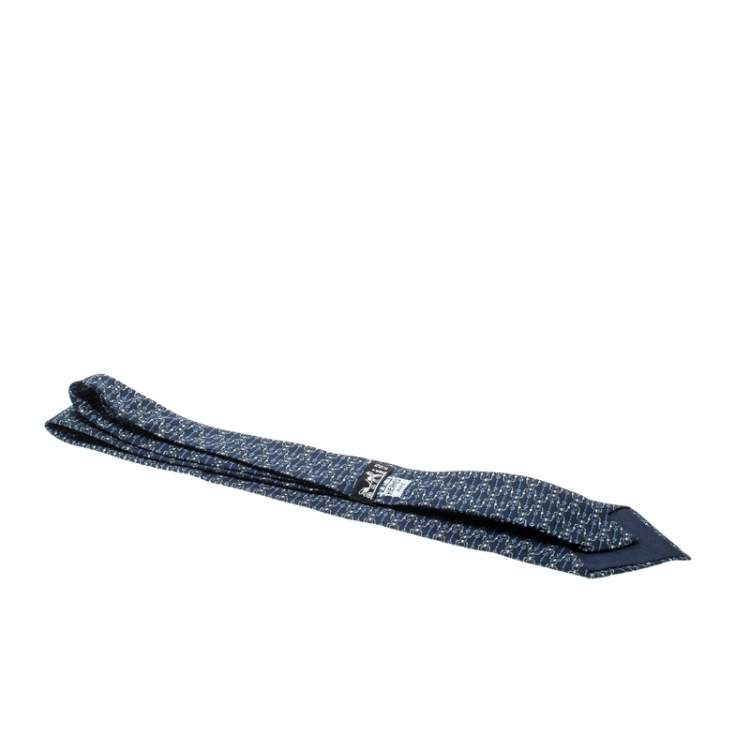 Pre Owned Hermes Navy Blue Bridle Printed Silk Tie 