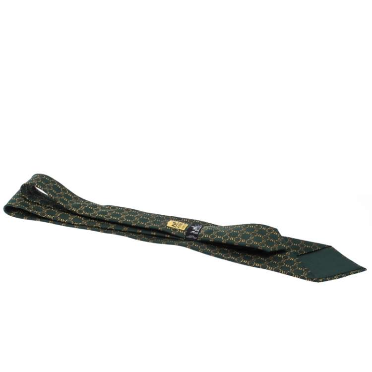 Pre Owned Hermès Pine Green Equestrian Print Silk Twill Tie