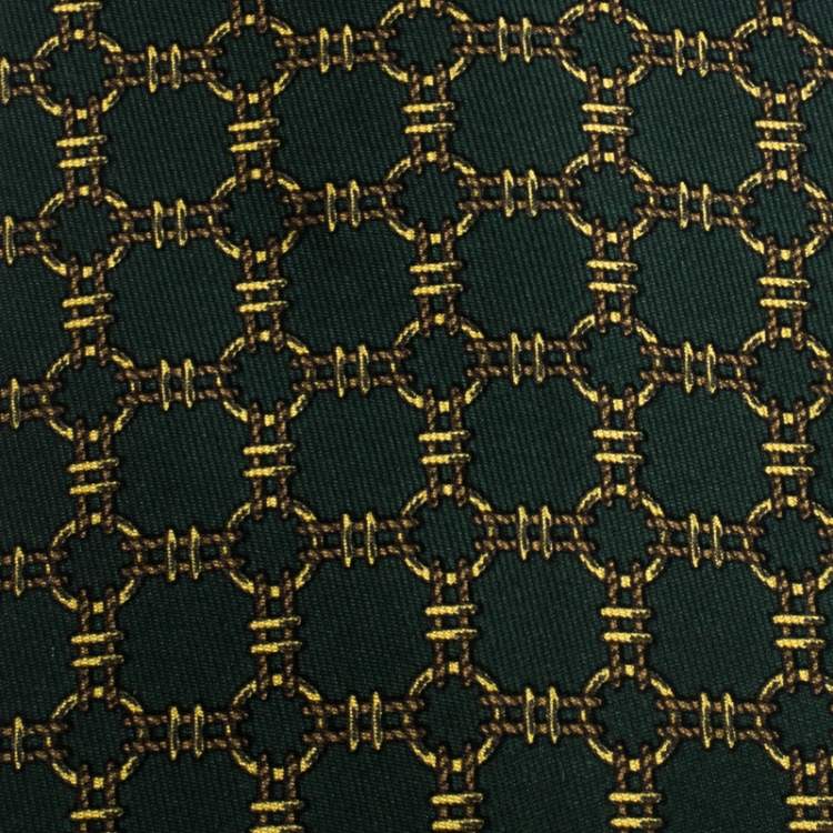 Pre Owned Hermès Pine Green Equestrian Print Silk Twill Tie