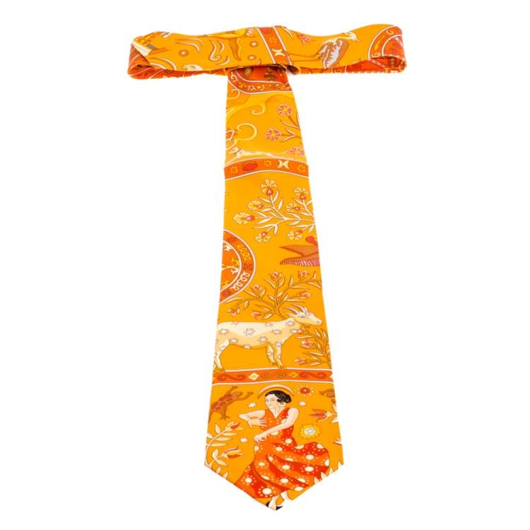 Pre Owned Hermès Orange Peuple du Vent Silk Twill Tie