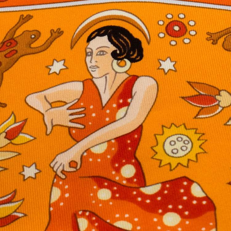 Pre Owned Hermès Orange Peuple du Vent Silk Twill Tie