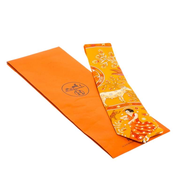 Pre Owned Hermès Orange Peuple du Vent Silk Twill Tie