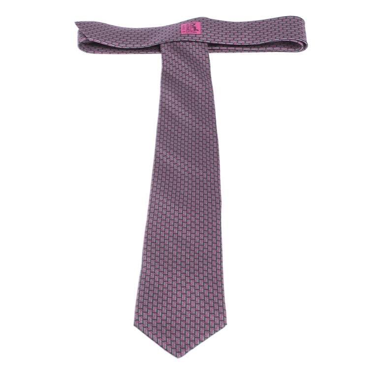 Pre Owned Hermes Pink & Grey H Patterned Silk Tie