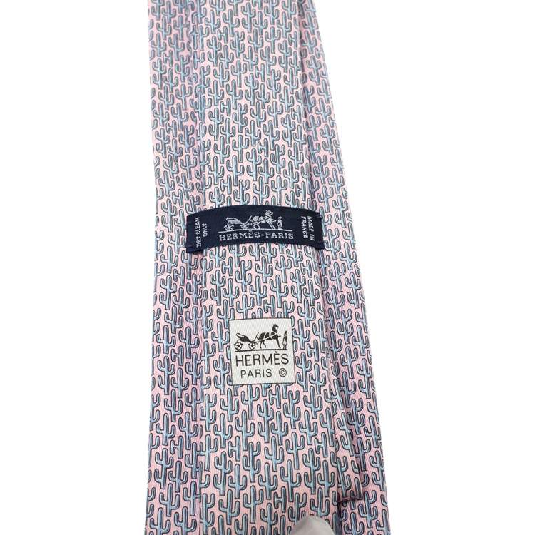 Pre Owned Hermes Pink & Blue Cactus Print Silk Tie 