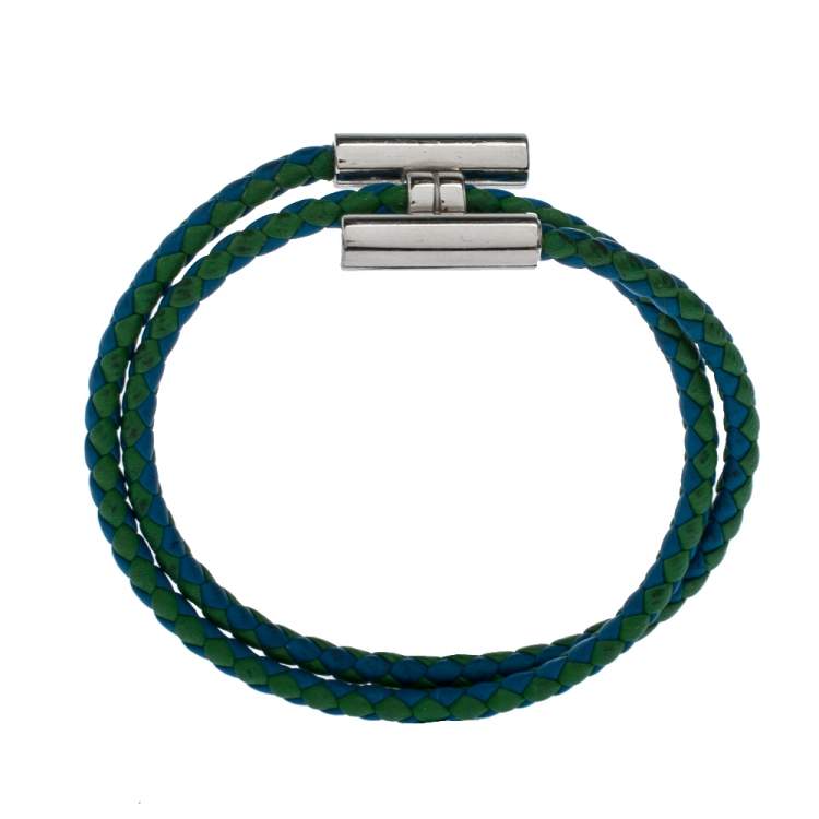 Pre Owned Hermès Tournis Tressé Bicolor Leather Palladium Plated Bracelet