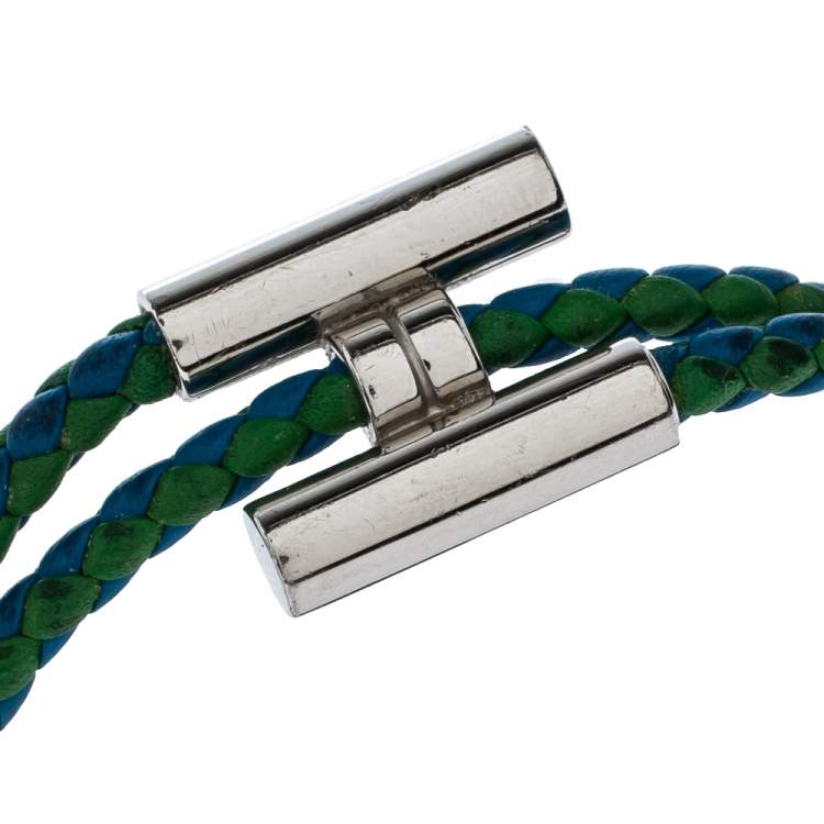 Pre Owned Hermès Tournis Tressé Bicolor Leather Palladium Plated Bracelet