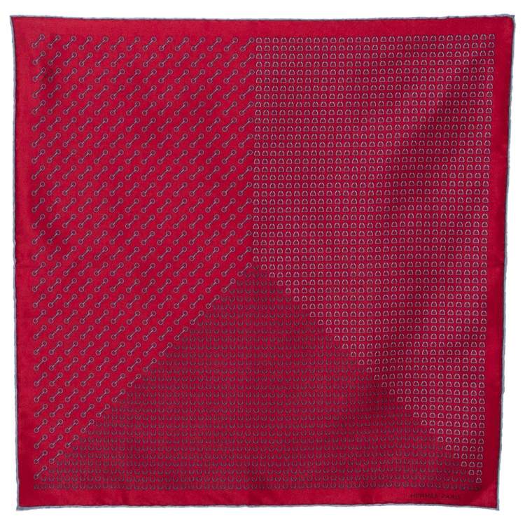 Pre Owned Hermes Maroon Horsebit Print Silk Twill Pocket Square 