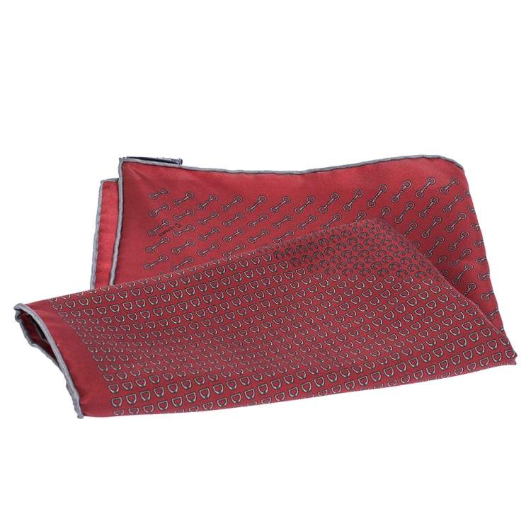 Pre Owned Hermes Maroon Horsebit Print Silk Twill Pocket Square 