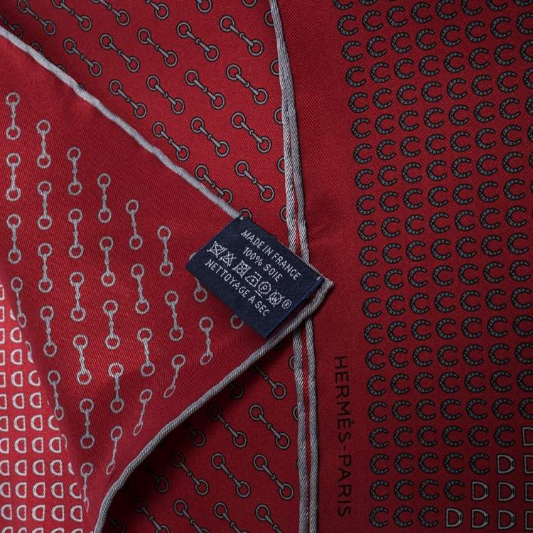 Pre Owned Hermes Maroon Horsebit Print Silk Twill Pocket Square 
