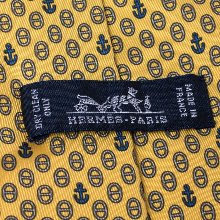 Pre Owned Hermes Yellow Anchor Print Classic Silk Tie 