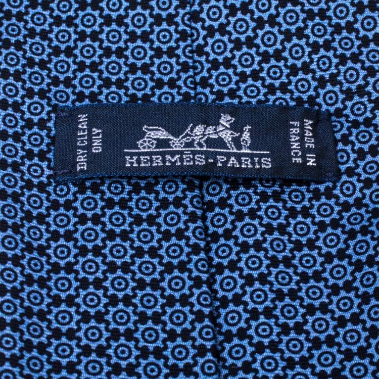 Pre Owned Hermes Blue Cog Print Classic Silk Jacquard Tie 