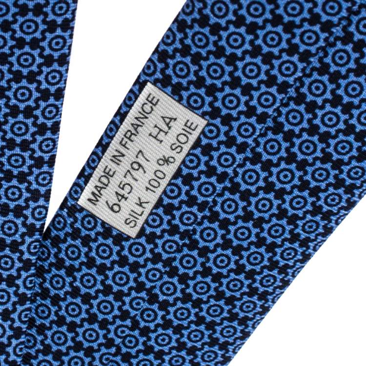Pre Owned Hermes Blue Cog Print Classic Silk Jacquard Tie 