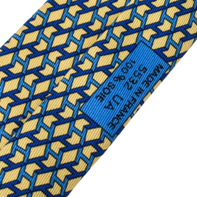 Pre Owned Hermes Yellow & Blue Geometric Print Traditional Silk Tie 
