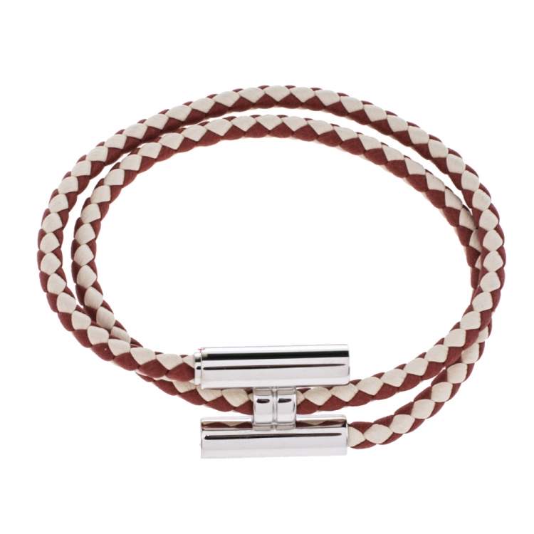 Pre Owned Hermes Tournis Tresse Bicolor Woven Leather Palladium Plated Bracelet
