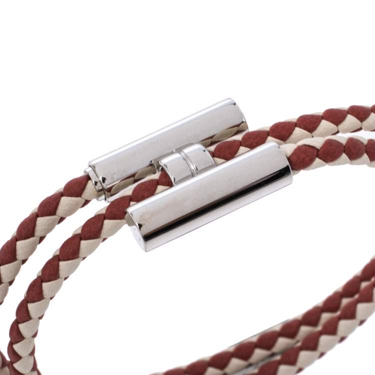 Pre Owned Hermes Tournis Tresse Bicolor Woven Leather Palladium Plated Bracelet