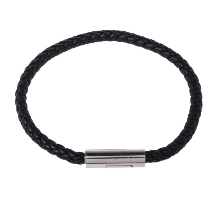 Pre Owned Hermes Goliath Noir Braided Leather Palladium Plated Bracelet
