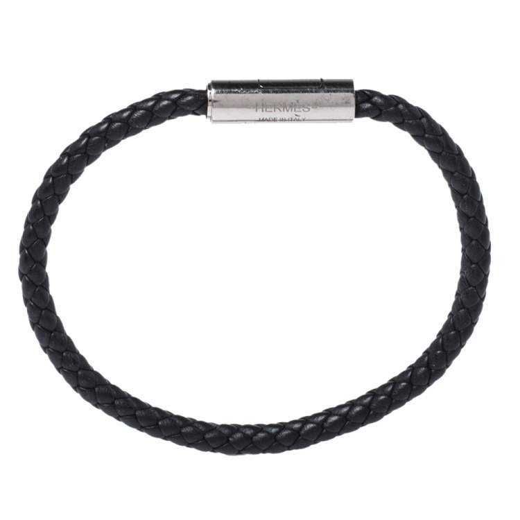 Pre Owned Hermes Goliath Noir Braided Leather Palladium Plated Bracelet