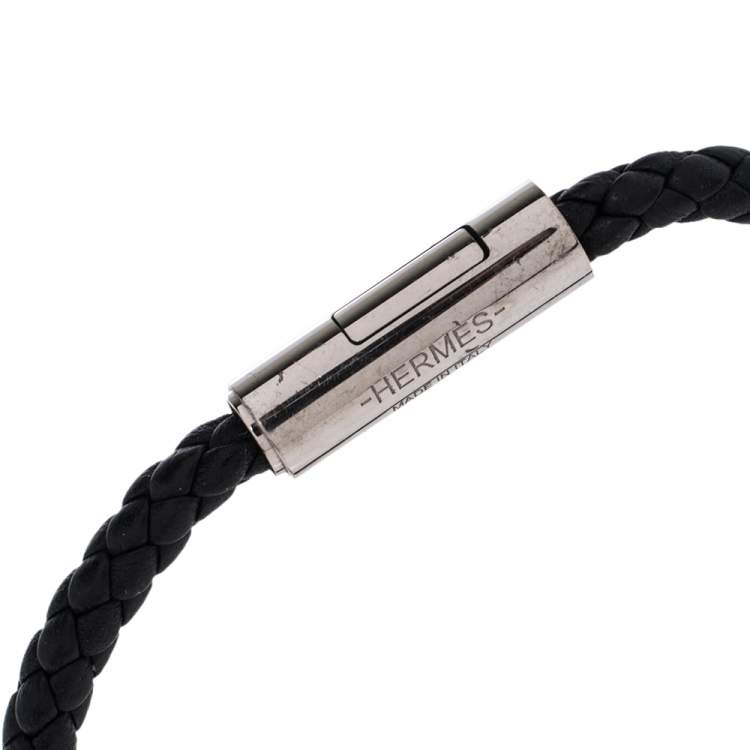 Pre Owned Hermes Goliath Noir Braided Leather Palladium Plated Bracelet