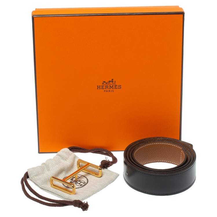 Pre Owned Hermes Black/Brown Box and Togo Leather Idem Reversible Belt 90CM
