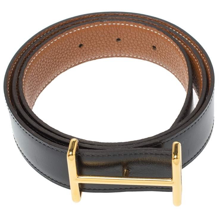 Pre Owned Hermes Black/Brown Box and Togo Leather Idem Reversible Belt 90CM