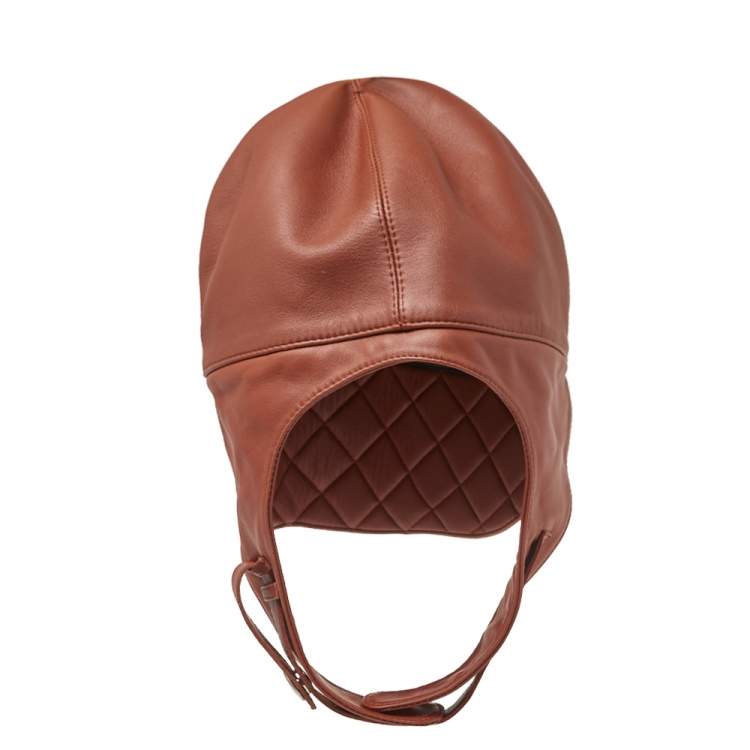 Pre Owned Hermes Brown Leather Aviator Cap (Size 56)