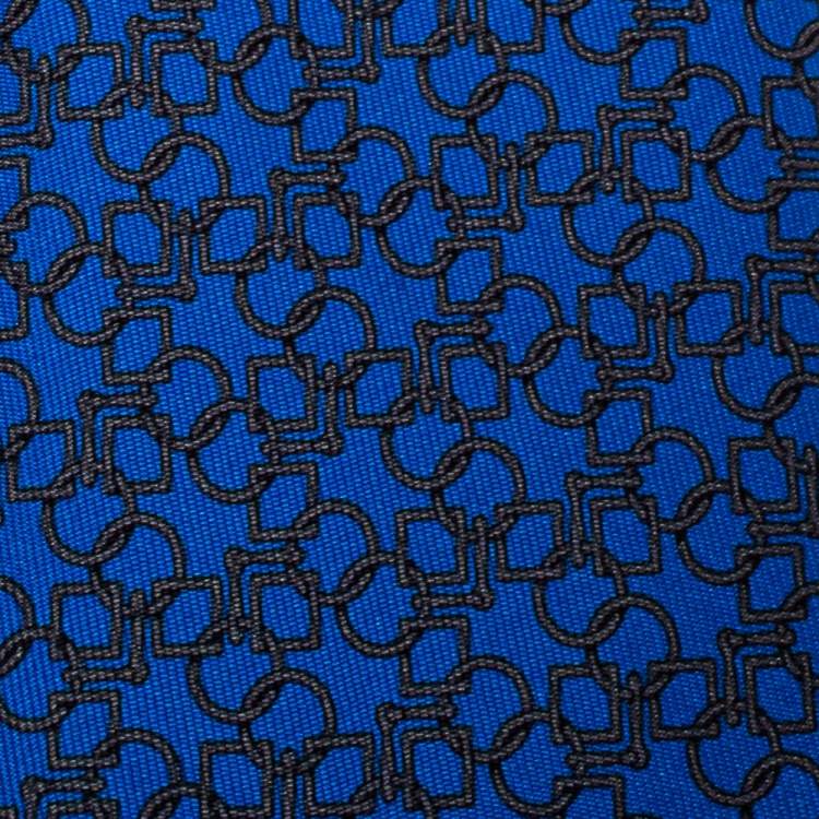 Pre Owned Hermes Blue Printed Silk Narrow Tie