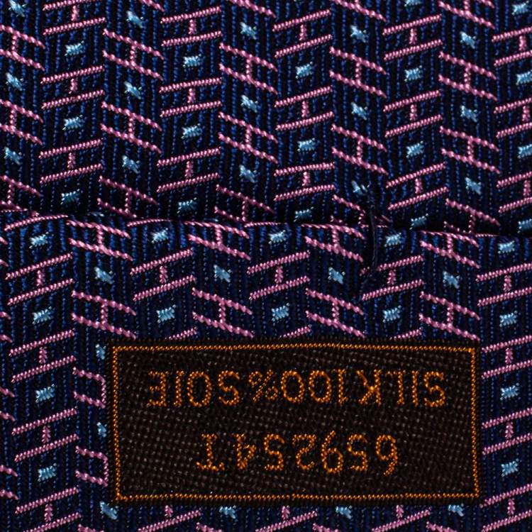 Pre Owned Hermes Navy Blue Printed Silk Classic Tie