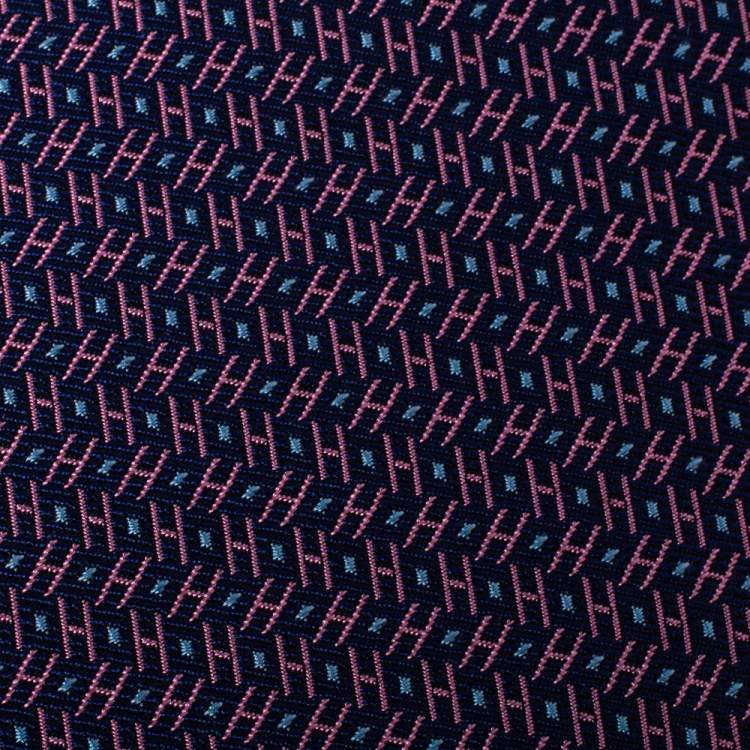 Pre Owned Hermes Navy Blue Printed Silk Classic Tie