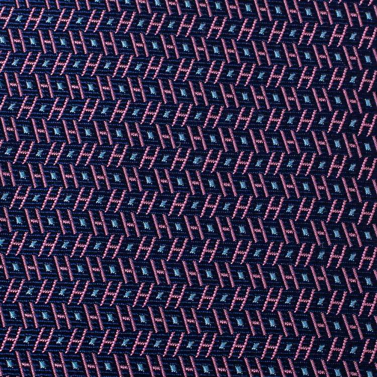 Pre Owned Hermes Navy Blue Printed Silk Classic Tie