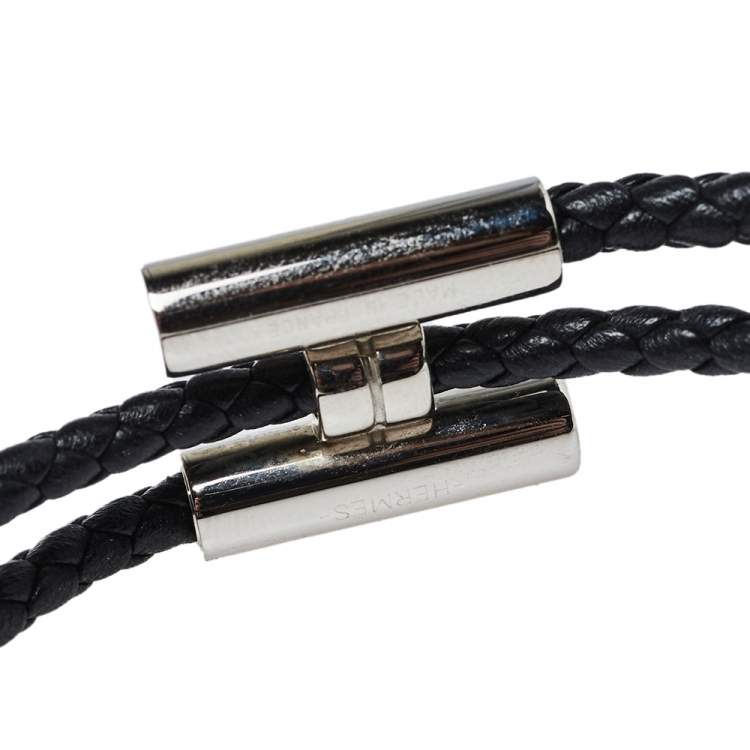 Pre Owned Hermès Tournis Tresse Black Leather Palladium Plated Bracelet