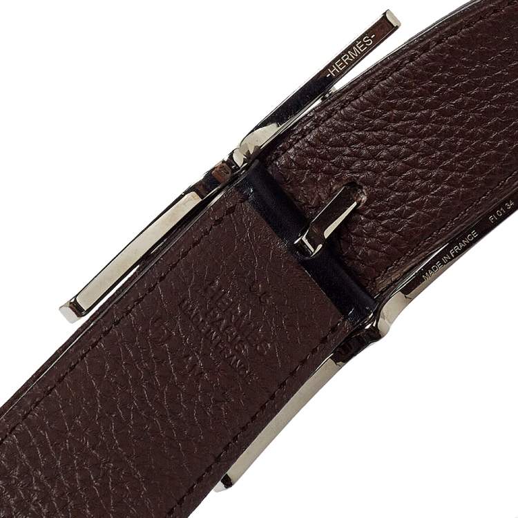 Pre Owned Hermes Noir/Chocolat Box and Togo Leather Quentin Reversible Belt 95 CM