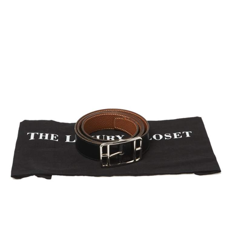Pre Owned Hermes Noir/Gold Box and Togo Leather Cape Cod Reversible Belt 95 CM